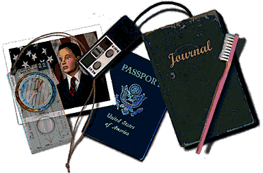 A compass, a passport, a picture of the mannequin, a journal, a slide projector remote
